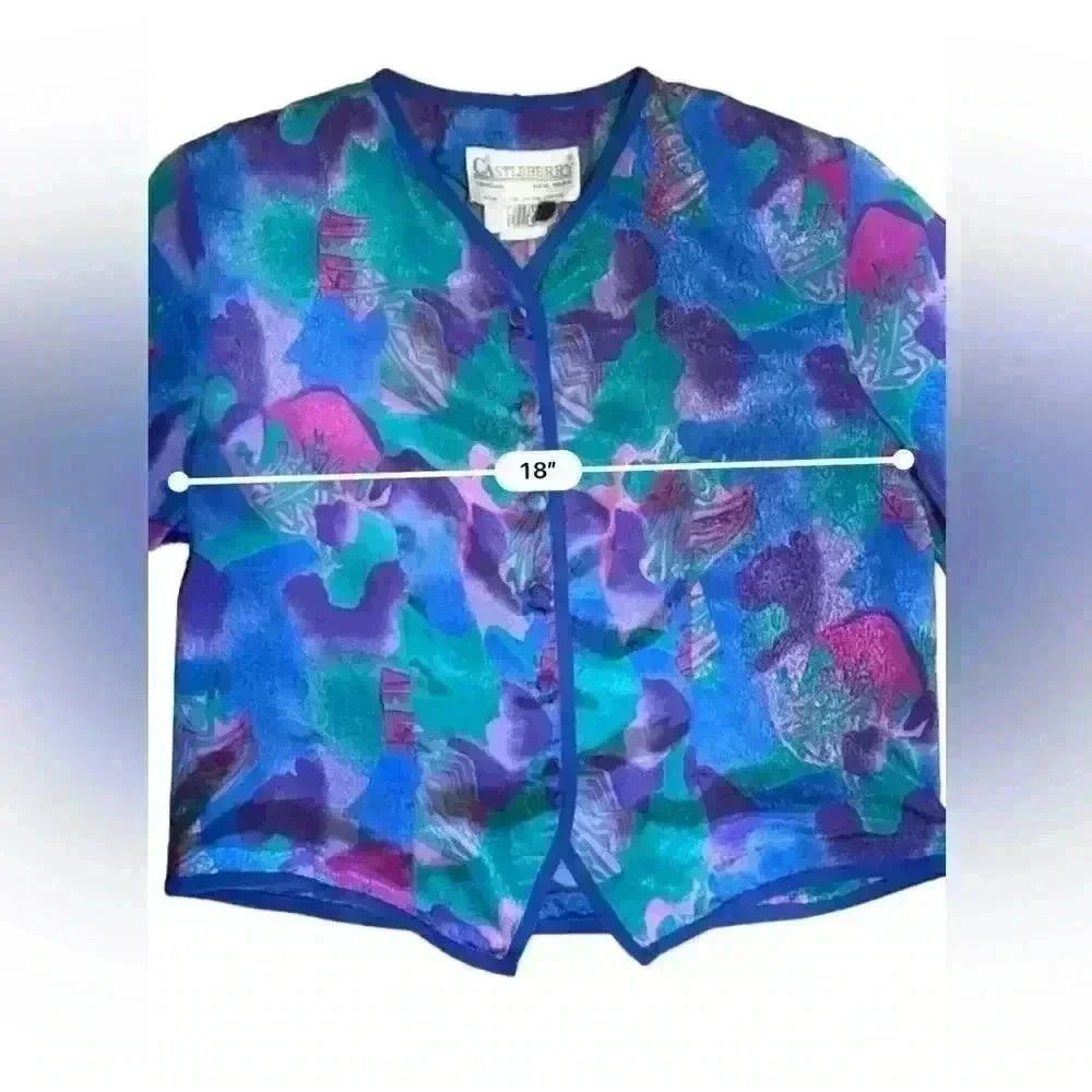 VTG Castleberry Womens Jacket Blazer Blue Purple Satin Button Down S/M - Picture 9 of 10